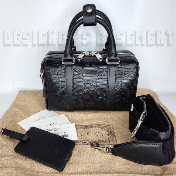 GUCCI black Calf TENNIS perforated GG Embossed Mini Duffle BOSTON strap Bag + π - Picture 10 of 10